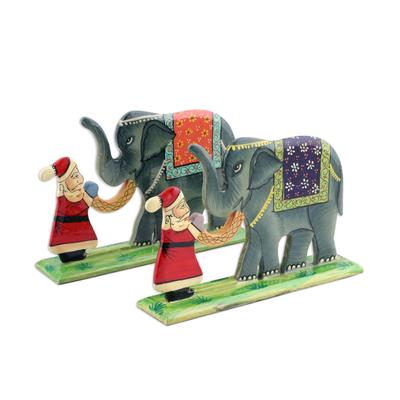 Jungle Santa,'Hand Painted Christmas Decor with Santa and Elephants (Pair)'