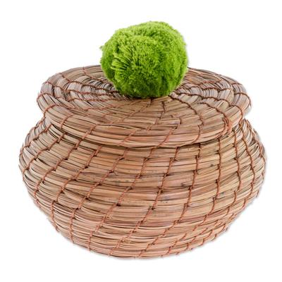 Natural Enchantment in Lime,'Handmade Pine Needle Basket with a Lime Cotton Pompom'