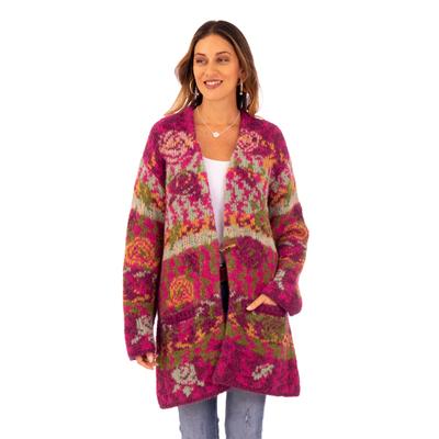 'Alpaca Blend Knit Long-Sleeved Floral Cardigan in Burgundy'