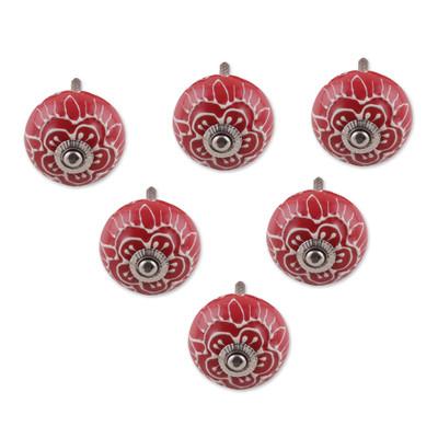 Red Flowers,'Red Ceramic Floral Knobs from India (Set of 6)'