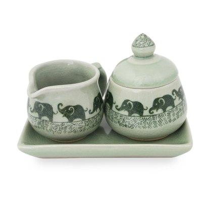 Celadon ceramic cream and sugar set, 'Elephants on Parade'