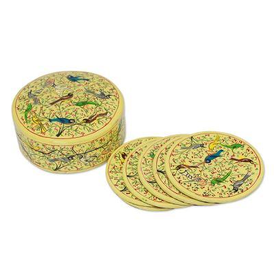 Papier mache coasters, 'Yellow Srinagar Birds' (set of 6)