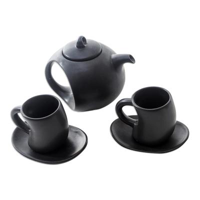 Pour the Tea in Black,'Hand Crafted Black Ceramic Tea Set (Set for 2)'