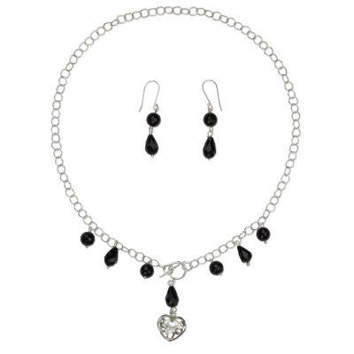 Agape Love,'Black Agate Handcrafted Sterling Silver Heart Jewelry Set'