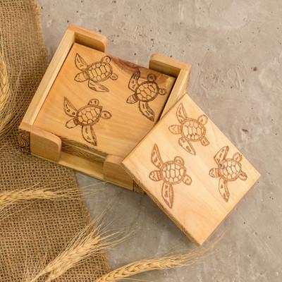 'Set of 4 Turtle-Themed Laurel Wood Coasters with ...