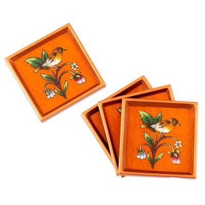 'Set of 4 Nature-Themed Orange Reverse-Painted Glass Coasters'
