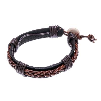 Perfect Style in Dark Brown,'Leather Wristband Bracelet with Braided Accent in Brown'