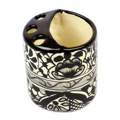 Monochrome Flowers,'Black and White Hand Painted Ceramic Toothbrush Holder'
