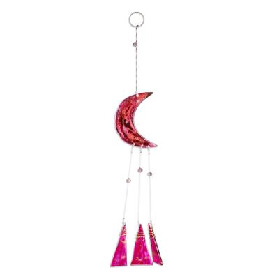 Moon in Pink,'Pink Moon Mobile Handcrafted with Recycled Glass and Wood'