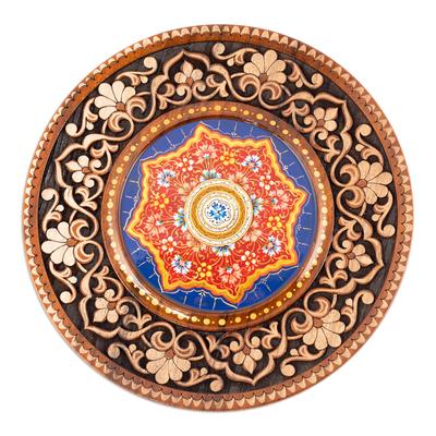 'Hand-Carved Floral Walnut Wood Wall Art in Blue'