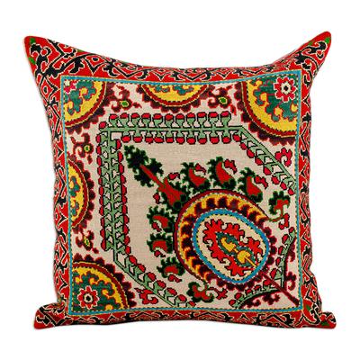 Palace's Grandeur,'Iroqi Embroidered Silk Cushion Cover in Red and Beige'