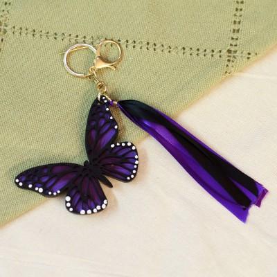 'Hand-Painted Wood Butterfly Keychain and Bag Charm in Purple'