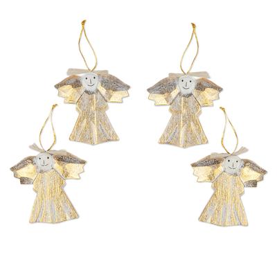 Cheerful Angels,'4 Wood Angel Holiday Ornaments with Distressed Finish'