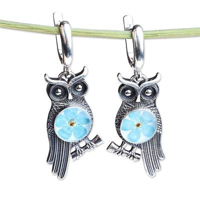 'Owl-Themed Natural Flower Sterling Silver Dangle Earrings'