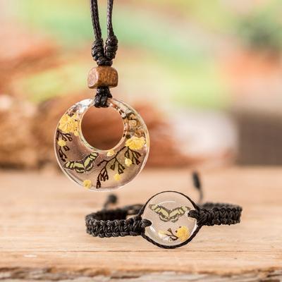 Butterfly Space,'Set of Resin Yellow Butterfly Necklace and Macrame Bracelet'