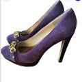 Michael Kors Shoes | Michael Kors Purple, Black Suede Badass Platform Gold Mk Pumps In Size 7.5. | Color: Black/Purple | Size: 7.5