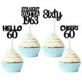 Gyufise 24 Pack Black 60th Birthday Cupcake Toppers Glitter Sixty Straight Outta 1963 Hello 60 Cupcake Pick Decorations Cheers to 60 Years Birthday Anniversary Cake Decorations Supplies