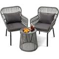 HBBOOMLIFE 3 Pieces Rattan Wicker Bistro Set Outdoor Conversation Set Wicker Rattan Set with Glass Top Table Space Saving for Balcony Backyard Grey