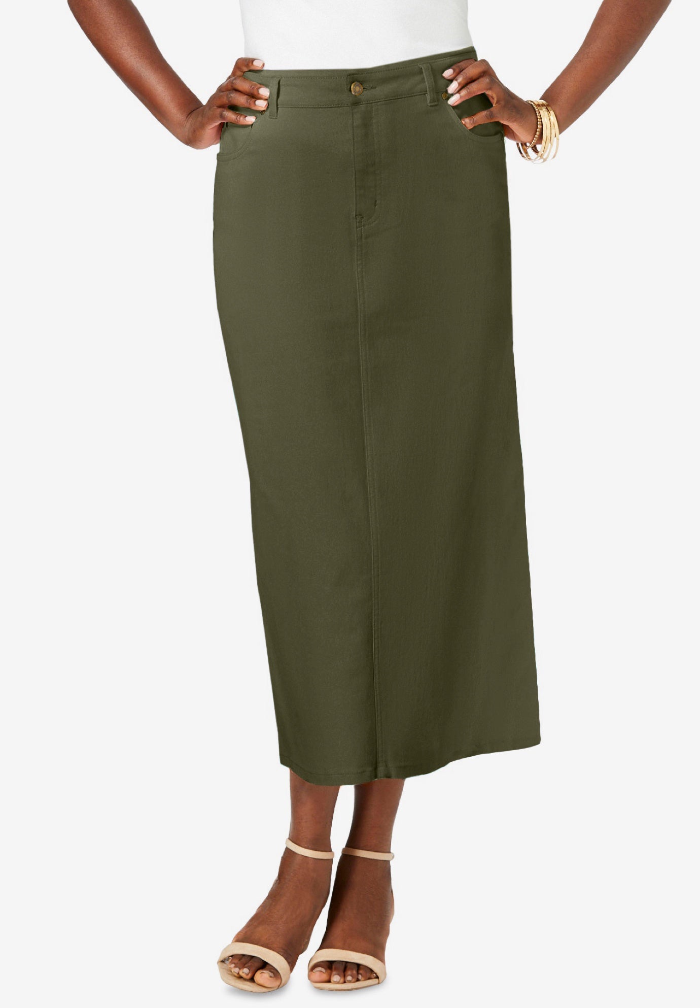 Plus Size Women's True Fit Stretch Denim Midi Skirt by Jessica London in Dark Olive Green (Size 20 W)