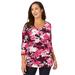 Plus Size Women's Stretch Cotton Scoop Neck Tee by Jessica London in Pink Burst Shadow Floral (Size 14/16) 3/4 Sleeve Shirt