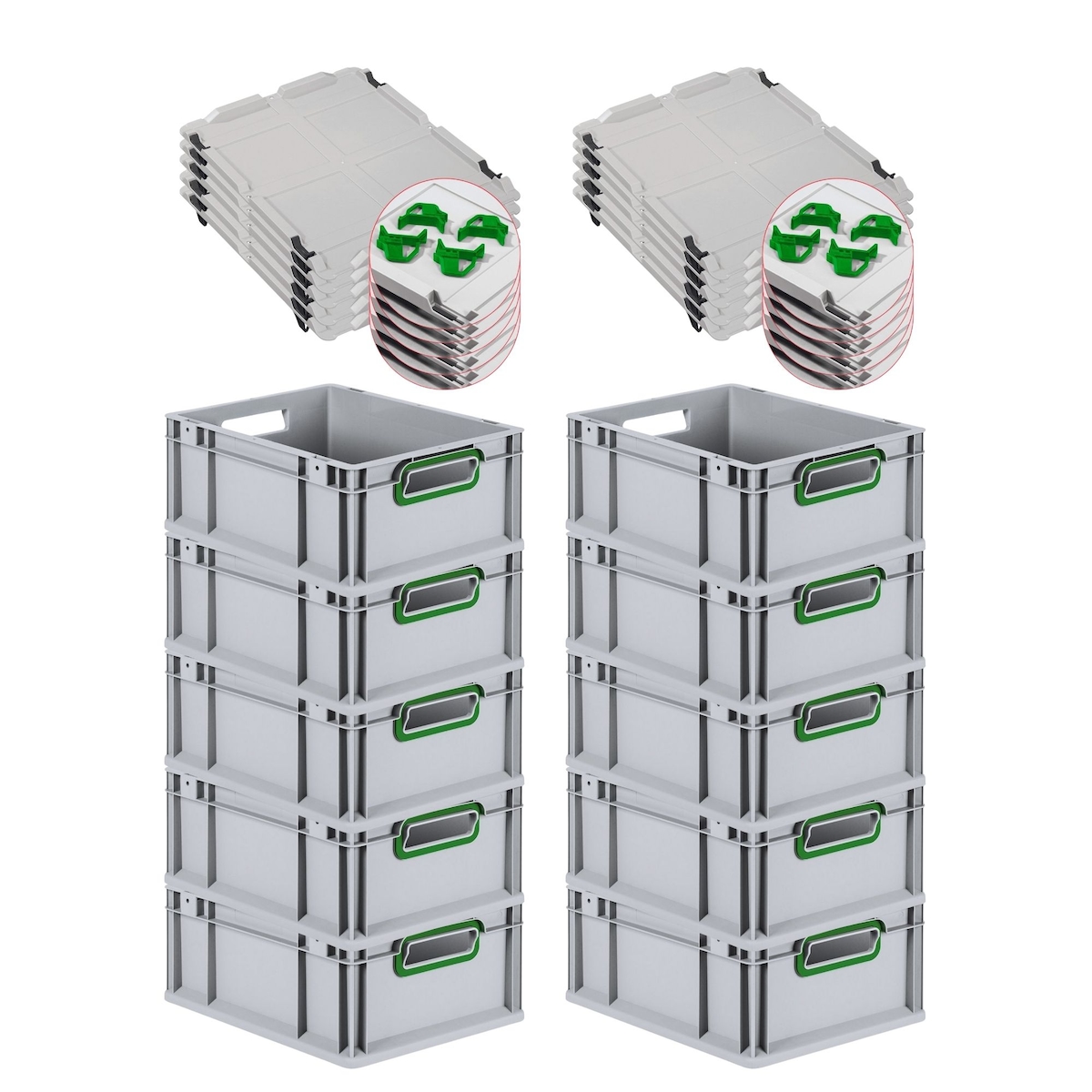PROREGAL 10x Eurobox NextGen Color mit Auflagedeckel & Schiebeschnappverschlüsse | HxBxT 17x30x40cm | 16L | Griffe grün offen Image