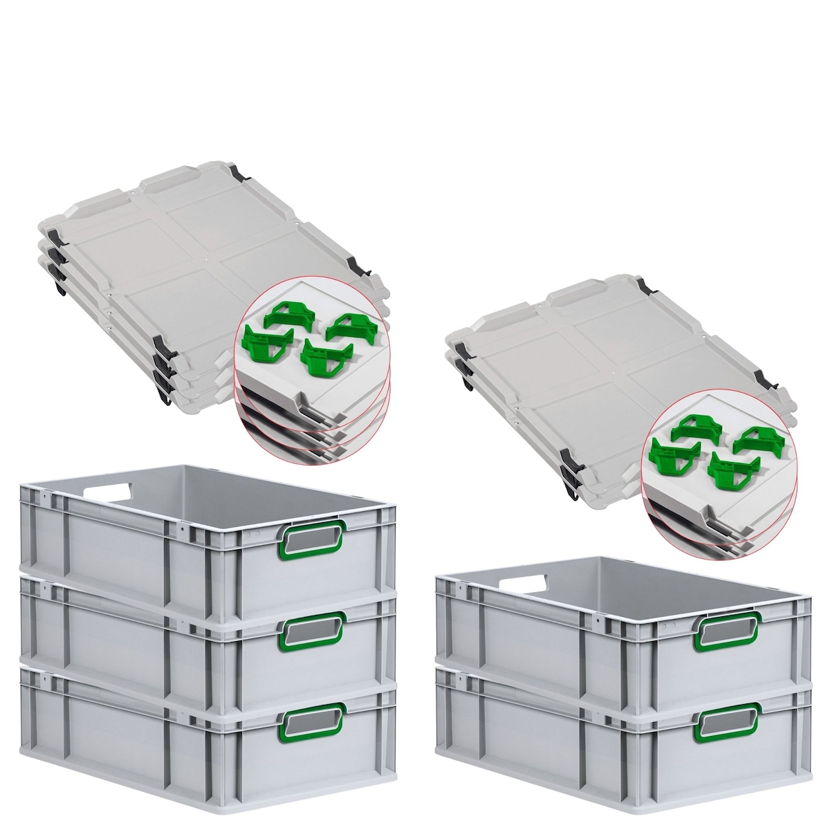 PROREGAL 5x Eurobox NextGen Color mit Auflagedeckel & Schiebeschnappverschlüsse | HxBxT 17x40x60cm | 34L | Griffe grün offen Image