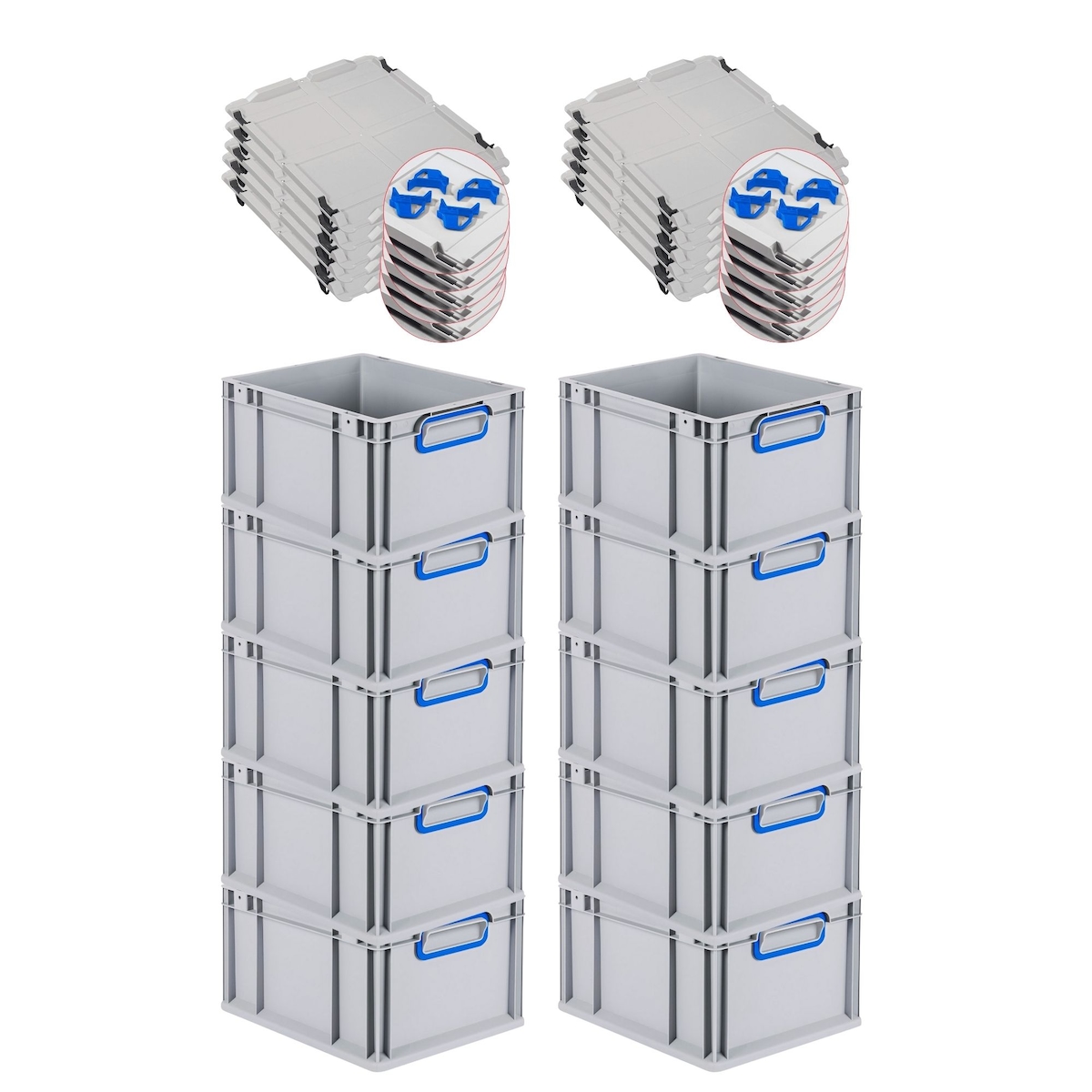 PROREGAL 10x Eurobox NextGen Color mit Auflagedeckel & Schiebeschnappverschlüsse | HxBxT 22x30x40cm | 20L | Griffe blau zu Image