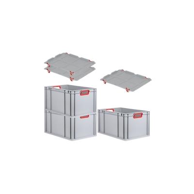PROREGAL SuperSparSet 3x Eurobox NextGen Color mit Auflagedeckel & Verschlüsse, HxBxT 32x40x60cm, 65L, Grau, Griffe rot offen, Eurobehälter Image