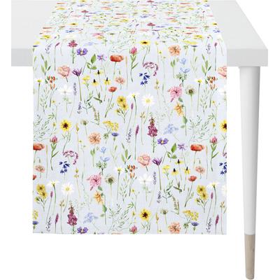 Tischläufer APELT "6815 SPRINGTIME, Frühjahrsdeko, Frühling", bunt (hellblau, bunt), B:48cm L:140cm, Polyester, Baumwolle, Tischdecken, Digitaldruck, mit Frühjahrsblüten, wie auf einer Streublumenwiese Image