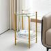 2-layer Round End Table with Tempered Glass and Marble Tabletop,Golden Metal Frame