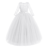 IBTOM CASTLE Flower Girls Long Floral Boho Lace Wedding Bridesmaid Dress 3/4 Sleeves Princess Puffy Maxi Tulle Pageant Formal Party Gowns 3-4 Years White
