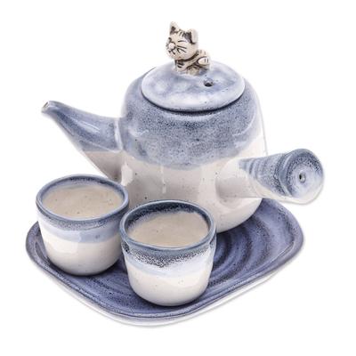 Cozy Meows,'Cat-Themed Blue Ceramic Tea Set with T...