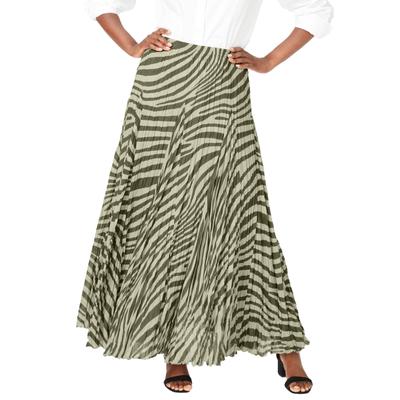 Plus Size Women's Flowing Crinkled Maxi Skirt by Jessica London in Dark Olive Mega Zebra (Size 26) Elastic Waist 100% Cotton