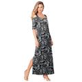 Plus Size Women's Ultrasmooth® Fabric Cold-Shoulder Maxi Dress by Roaman's in Black White Floral (Size 38/40) Long Stretch Jersey