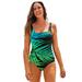 Plus Size Women's Chlorine Resistant Square Neck Tummy Control One Piece Swimsuit by Swimsuits For All in Green Electric Palm (Size 20)