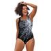 Plus Size Women's Chlorine Resistant Crossback One Piece Swimsuit by Swimsuits For All in Black White Sunburst (Size 24)