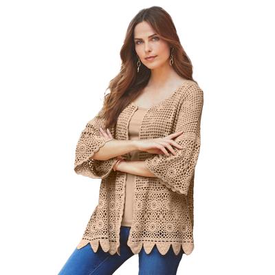 Plus Size Women's Scallop-Trim Crochet Cardigan by Roaman's in New Khaki (Size S)