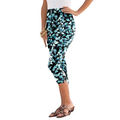 Plus Size Women's Essential Stretch Capri Legging by Roaman's in Teal Watercolor Leaves (Size 30/32) Activewear Workout Yoga Pants