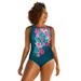 Plus Size Women's Chlorine Resistant High Neck Tummy Control One Piece Swimsuit by Swimsuits For All in Mediterranean Hibiscus (Size 20)