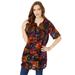 Plus Size Women's Short-Sleeve Angelina Tunic by Roaman's in Black Watercolor Paisley (Size 22 W) Long Button Front Shirt