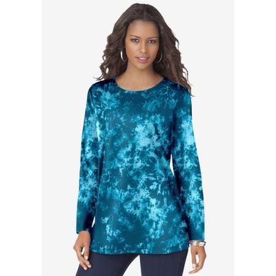 Plus Size Women's Plus Size Cotton Ultimate Long Sleeve Crewneck Tee by Roaman's in Lagoon Spray Tie Dye (Size 4X) Shirt