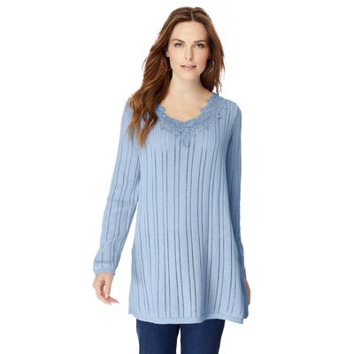 Plus Size Women's Lace-Trim Pointelle Sweater by Roaman's in Pale Blue (Size 12)