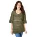 Plus Size Women's Fringed Crochet Sweater by Roaman's in Dark Olive Green (Size 3X)