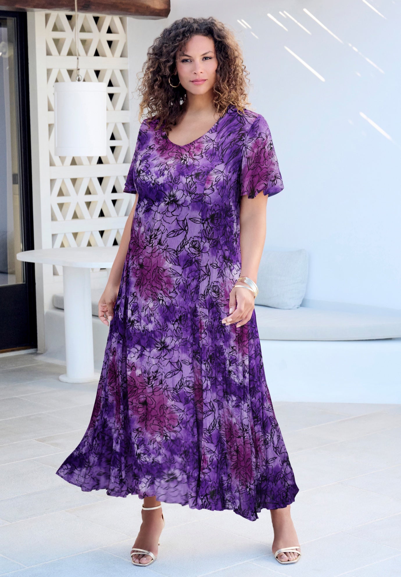 Plus Size Women's Plus Size Hand Crinkled Flutter-Sleeve Maxi Dress by Roaman's in Lavender Tie Dye Floral (Size 14/16)