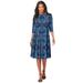 Plus Size Women's Ultrasmooth® Fabric Boatneck Swing Dress by Roaman's in Blue Mirrored Medallion (Size 22/24) Stretch Jersey 3/4 Sleeve Dress