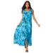 Plus Size Women's Button-Front Crinkle Dress with Princess Seams by Roaman's in Deep Turquoise Tie Dye Floral (Size 22/24)