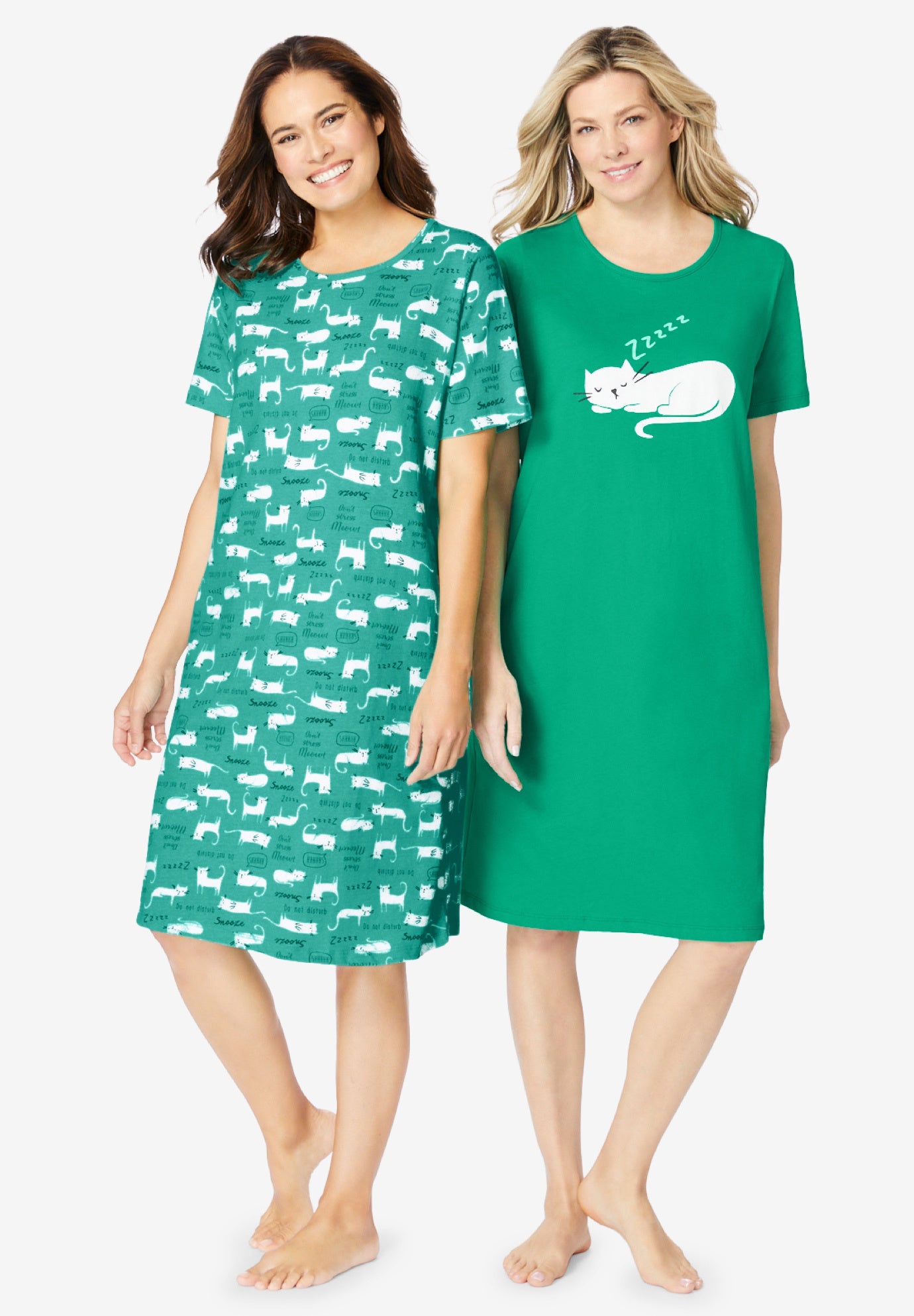 Plus Size Women's 2-Pack Short-Sleeve Sleepshirt by Dreams & Co. in Tropical Emerald Cat (Size M/L) Nightgown