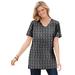 Plus Size Women's Perfect Printed Short-Sleeve Shirred V-Neck Tunic by Woman Within in Black Tonal Geo (Size 5X)