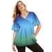 Plus Size Women's Faux Wrap Fit-and-Flare Top by June+Vie in Sapphire Emerald Ombre (Size 14/16)