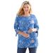 Plus Size Women's Perfect Three-Quarter Tie-Sleeve Tee by Woman Within in Blue Coast Jacquard Floral (Size 38/40) Shirt